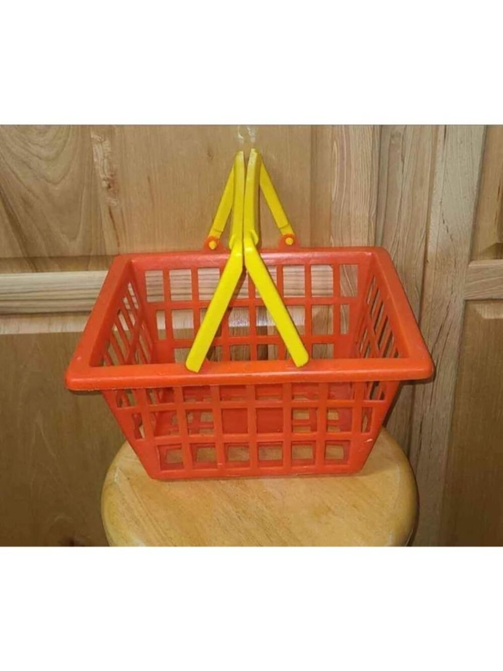 1980s Gay Toys inc 12 in orange plastic shopping basket w handles kids kitchen p